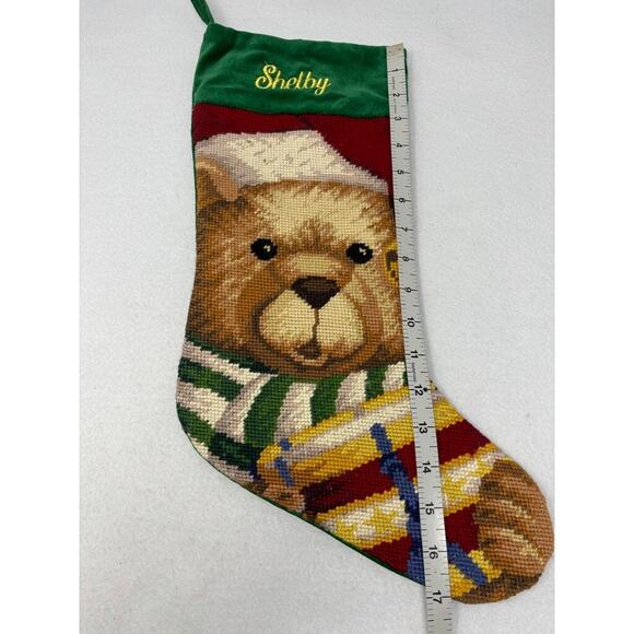 Vtg Needlepoint Christmas Stocking Teddy Bear Wool Velvet Lillian Vernon "SHELBY - Picture 3 of 5